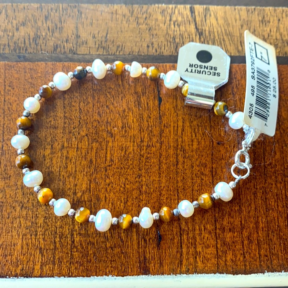 Sterling Silver White and Brown Beaded Bracelet
